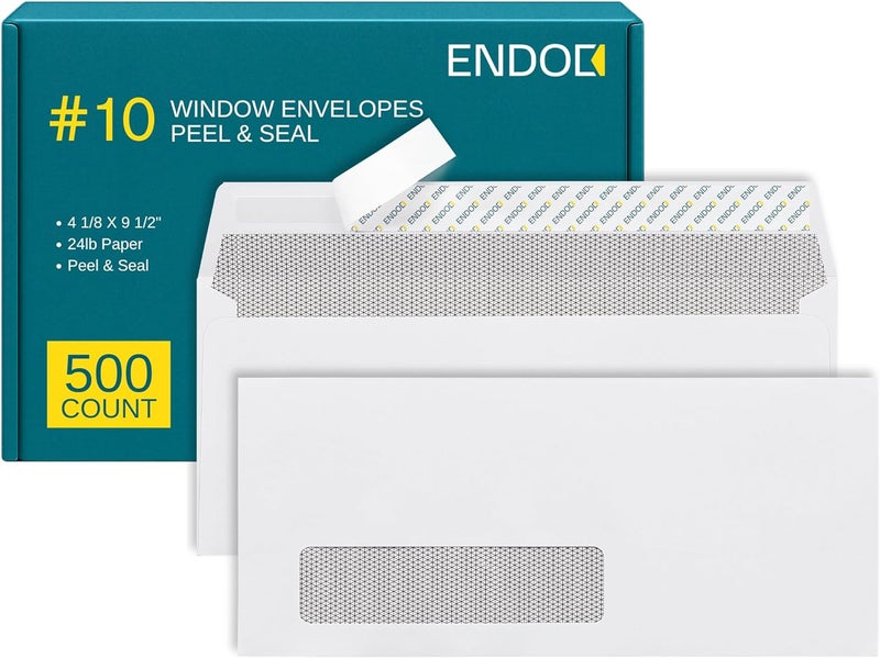 EnDoc #10 Window Envelopes Self Seal - 500/pack Peel & Seal Closure, Security Tinted Envelopes for Quickbooks Invoices & Business Statements - Letter Size 4-1/8 x 9-1/2 inch 24lb Paper - Image 1